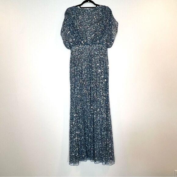 Mac Duggal 5640‎ Womens Size 12 Blue Sequin Draped Sleeve V-Neck Gown Maxi Dress - Picture 8 of 9